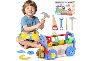 WIKITOT Kids Tool Set, 53Pcs Wooden Montessori Toys for 3+ Year Old Boys Gifts,Construction Toys Tool Box with Belt