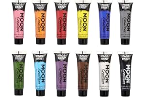 Moon Creations Tubki do farb do twarzy i ciała, zestaw 12 sztuk, gotowe do użycia, bez płatków, nietestowane na zwierzętach, farby do twarzy, kostiumy, festiwale, Halloween, dla dzieci i dorosłych