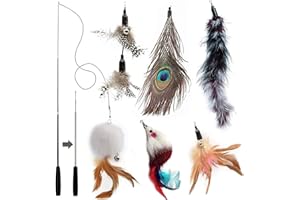 MAIYADUO Giocattolo Gatto Piuma, 5 PCS Assortiti Piuma Cat Giocattolo Interattivo Retrattile Bacchetta Rod con 5 PCS Feather Teaser Cat Catcher - Perfetto Teaser per l'esercitazione Gattino e Gatto