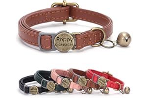 SEOUGEE Collar de gato de piel auténtica de liberación rápida con etiqueta de nombre personalizada, collares de gatito con campanas extraíbles y liberación de seguridad, hebilla grabada, 19-30 cm