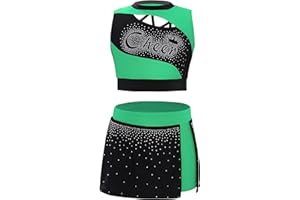 inlzdz Kids Cheerleading Outfits Girls Cheerleading Rhinestones Crop Top with Skirt Cheer Dance Uniform Costume