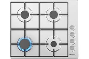 Hisense GM642XHS Built-in 60cm Gas Hob - Stainless Steel with 4 Cooking Areas, Easy Clean Surface, One -Hand Ignition, 60 x 52 x 8.9 cm (L x W x H)