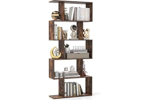 CASART 5/6 Tier Wooden Bookcase, Free Standing Shelving Stand Rack, S-Shaped Bookshelf Storage Display Unit (Brown,70 x 24 x 158cm)