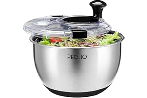 Peclio Groß 4,5L Salatschleuder Edelstahl 18/10 Hochwertige mit Transparentem Deckel, Rutschfestem Boden - Salad Spinner mit Kurbelantrieb - BPA-frei & Spülmaschinengeeignet, Schwarz