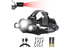 BORUiT RJ3000 Rechargeable Head Torch with Red Light, 6000 Lumens 5 Modes White Red Headlight, IPX5 Waterproof Flashlight Headlamp for Adults Outdoor Fishing Camping Hunting