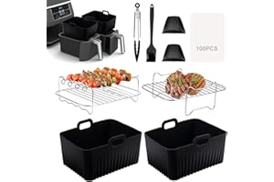 RHM AF500UK Large Air Fryer Accessories, 9Pcs Dual Air Fryer Accessories for Ninja Foodi FlexDrawer Air Fryer AF500UK 10.4L, AF400UK & AF451UK 9.5L, Devology MONCOOK 10L, Reusable Silicone Air Fryer Liner