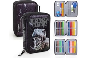 Julian Ross Dinosaurio T-Rex Estuche Triple Lleno para Niños, Plumier Triple, 45 Accesorios Educación Primaria, 20 Centímetros, Pegamento de Barra, 3 Cremalleras