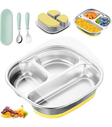 Assiette Bébé Avec Ventouse En Acier Inoxydable - 3 Compartiments, Antidérapante, Sans BPA - Vert