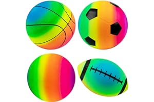 Homotte Rainbow Sports Balls Pack of 4, 1 Each of 8.5" Football, Basketball, Soccer and Volleyball for Playground, Inflatable Multi-Sport Ball Set with 1 Pump for Kids Outdoor Activities