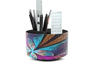 Czzmy Rund Stiftehalter,Leder,360° drehbar,Fernbedienungshalter, drehbarer Nachttisch, TV-Fernbedienung, Schreibtisch-Organizer für Stifte, Bürobedarf, Aufbewahrungsbox(1-Fraktalblüte)