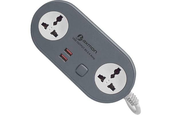 Axmon Extension Cord with USB Port FIRE Resistant 2 Socket with 2 USB Charging Ports 6V-2.4 Amp Heavy Duty Extension Board for Home Office with 2.5 Meter Power Cord 2+2Grey