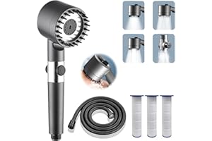 LOEPENLE Słuchawka prysznicowa z wężem 1,5 m, słuchawka prysznicowa z 3 filtrami i zatrzymaniem wody, 4 rodzaje strumienia, słuchawka prysznicowa z głowicą do masażu, zdejmowana, zwiększająca ciśnienie, czarna