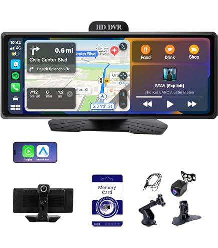 Rimoody Schermo Auto Portatile 10.26'' Wireless Carplay E Android Auto, Touchscreen HD, Mirror Link, Bluetooth, FM, 7-32V