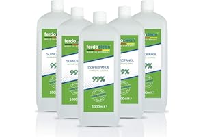 ferdoclean Isopropanol 99 % 5 x 1000 ml | Solvant 5000 ml / 5 litres de nettoyant à l'alcool IPA pour la maison, la cuisine, la voiture et plus encore | Nettoyant dégraissant (lot de 5)