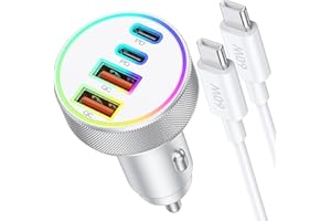 CREAPICO Caricabatterie Auto, Caricatore USB C a 4 porte 90W con USB-C&A, Presa 12V PD/QC Adattatore Accendisigari Rapido con cavo Type C [bianco] per iPhone 16 15 Pro Max/Pro/Plus/16e, Samsung Galaxy S25/S24
