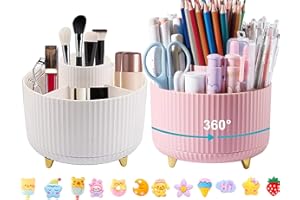 Lostwry 2 Piezas Portalapices Giratorio, Organizador de Escritorio Portabolígrafos de Escritorio Giratorio 360 Grados Organizador de Lápices con 5 Compartimentos Para Oficina, Escuela (Blanco+rosa)