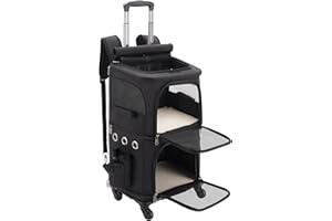 FASNATI Double-Compartment Cat Carrier Backpack with Detachable Wheels, Foldable Dog Carrier Backpack，Pet Carrier Backpack for 2 Small Cats, Dogs and Rabbits, Black