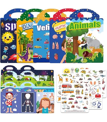 Set 6 Libri Adesivi Riutilizzabili Per Bambini | 220+ Adesivi Gonfi | Animali, Veicoli E Sport | Gioco Da Viaggio 3+ Anni