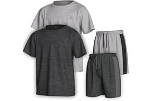 Essenclo Boys Clothing Sets Tagless Loose Athletic Performance Crew Neck T-Shirt and Short Outfits Size 3-16 (4 Piece Set)