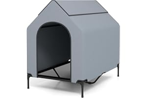 Maxmass Large Dog House, Elevated Dog Bed with Weatherproof Canopy, Ventilated Windows & Mesh Fabric Mat, Outdoor Indoor Pet House for Medium Large Dogs (Grey, L: 110x75x106cm)