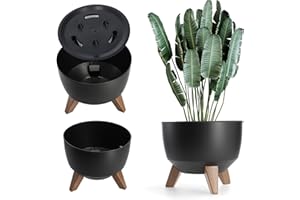 KADAX Pot de Fleurs en Plastique sur Trois Pieds, Effet Bois pour Sublimer la Décoration de Votre Maison et de Votre Jardin, Intérieur et Extérieur (Noir, 24 cm)