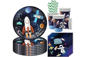 AUGESAK 68 Stück Weltraum Partygeschirr für 16 Gäste, Astronaut Geburtstag Geschirr, Weltraum Partyteller Becher Servietten, Astronaut Party Deko für Junge Mädchen Kindergeburtstag
