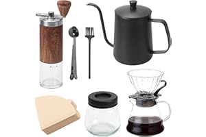 FEIGO Set di Macinacaffè Manuali da 7 Pezzi,Versare sopra la caffettiera con set di bollitore,Macinacaffe Portatile Professionale,Grado di Rettifica Regolabile,Per l'ufficio domestico (100 filtri)