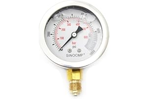 Manometro idraulico - SINOCMP 60Mpa/0-600Bar/0-10000PSI Economico Multi Purpose Doppio Scala Acciaio Inox Glicerina Riempito