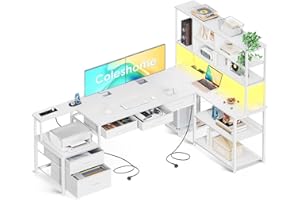 Coleshome Biurko Narożne z 5 Szufladami i 4 Półkami, 180×100×154.2 cm Biurko w Kształcie L z LED, Gniazdkami i USB, Duże Biurko do Pracy Zdalnej, Biały
