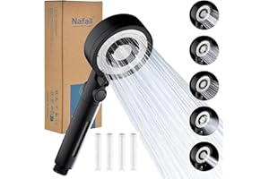Nafall Pommeau Douche avec 4 Pp Filtres - Pommeau De Douche Haute Pression Anti Calcaire, Douchette Douche Salle de Bain avec 5 Modes de PulvéRisation, Noir (Sans Tuyau ni Support)