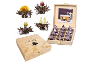 Creano Teelini Teeblumen im Tassenformat, Geschenkset in Teekiste aus Holz, 12 ErblühTeelini in 4 Sorten | Schwarzer Tee