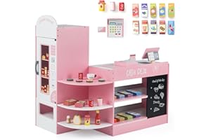 COSTWAY Pretend Play Shop, Kids Supermarket Playset with Cash Register, Vending Machine, Chalkboard, Wooden Role Play Grocery Store for Children Ages 3+ (Pink)
