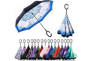 CICILIAYA Double Layer Folding Inverted Umbrella, Self Stand Upside-down Rain Protection Car Reverse Umbrellas with C-shaped Handle Big Straight Umbrella