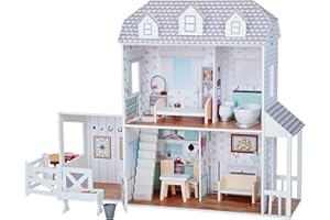 TEAMSON KIDS Little World Dolls Dolls Dom z meblami i akcesoriami, duży drewniany domek wiejski ze stabilnym i 2 poziomem, duży dom dla lalki dla dzieci za 30 cm lalki