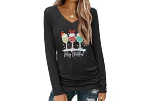 Cicy Bell Women's Christmas Shirts Long Sleeve V Neck Xmas Tree Tees Casual Basic Merry Christmas Holiday Tops