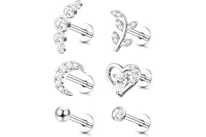 ADRAMATA 6Pcs 16G Cartilage Tragus Stud Earrings For Women Men Internally Threaded CZ Moon Heart Leaf Helix Conch Labret Monroe Ear Piercing Jewelry