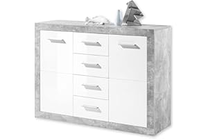 Stella Trading STONE Commode avec tiroirs en aspect béton, blanc brillant - Commode moderne avec beaucoup d'espace de rangement pour votre salon - 117 x 88 x 37 cm (L/H/P)