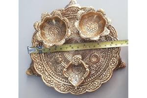 Estationeryhouse Pooja Thali with Diya Gold Plated for Home and Office Temple and Pooja Room-Metal,Diwali thali, mehndi, wedding. (Small)