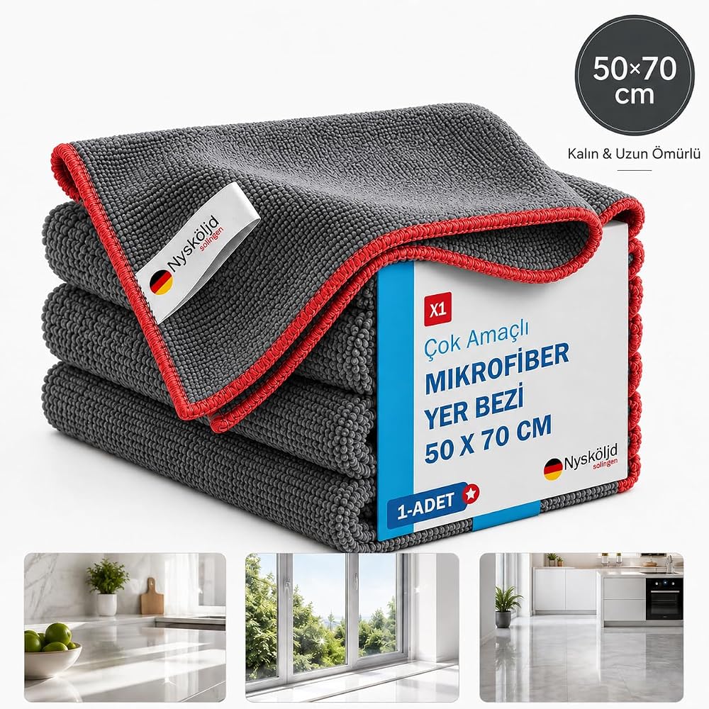 Nysköljd Mikrofiber Yer Bezi 50 x 70 cm – Çok Amaçlı, Ultra Emici, Kalın Dokulu, Çizmez, Dayanıklı Kenar Dikişli, Makinede Yıkanabilir Gri Temizlik Bezi 1 adet