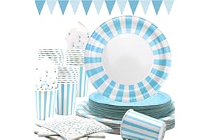 Obussgar Hellblau Gestreiftes Geschirr Partyzubehör umfasst Dreiecksbanner, Teller, Servietten, Pappbecher für Geburtstagsfeiern, Abschlussfeiern, Hochzeiten, Babyparty (Hellblau 24)