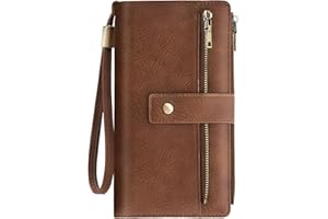 NEWIROVE Cartera Mujer Grande Monedero Piel PU Vintage Billetera con Cremallera Y Correa Extraíble RFID Carteras De Mujer con 24 Ranuras para Tarjetas Regalos para Mujer Señoras, Marrón