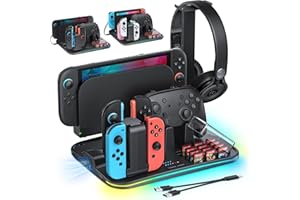 [Switch 2/1 Compatible]FASTSNAIL Charging Dock & Orgainzer for Nintendo Switch 2/1/OLED Joypad, Storage Station for NS2 with 9 RGB Modes, Fan, LED Indicator, 12 Card Slots, Controller&Headphone Stand