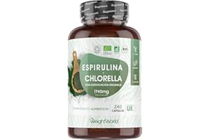WEIGHTWORLD Espirulina y Chlorella Orgánica 1740mg de Concentración 240 Cápsulas (3 al Día) - Suplemento Vegano Detox Fuente Natural de Omega Vegano 3 y 6, Antioxidantes, Vitaminas, Minerales y Proteínas