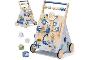 Lehoo Castle Dinosaurie Lära-gå-vagn i Trä för Bebisar med Broms & Aktivitetsbräda, Baby Walker, Pedagogisk Leksak från 1 År