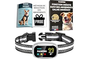 PAWPRO Collier Anti Aboiement pour Chiens, 4 Modes BIP Vibration Choc avec Suivi des Aboiements, Guide de Dressage Inclus, Automatique Rechargeable Étanche, Adapté à Tous Les Chiens, Marque Française