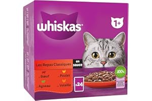 WHISKAS Repas pour Chat - 48 Sachets Fraîcheur (Lot de 2 Packs 24x85g) - Les Repas Classiques (4 variétés) - Pâtée pour Chat Adulte en Sauce. Nourriture Humide Complète Adaptée aussi Chats Stérilisés