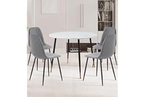 Hallowood Furniture Finley Small Table and Chairs Set 4, Round Dining Table with White Marble Effect Table Top & Dark Grey Fabric Chairs, Dining Room Set for Home & Café