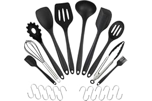 20 uds Utensilios de cocina de silicona, WisFox Utensilios de cocina de silicona resistentes al calor, Herramientas antiadherentes para hornear en la cocina 10 juegos + 10 ganchos S-Negro