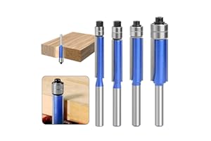 Yuentoen 4 Stück Bündigfräser Fräser Set,Blau Bündigfräser 1/4 Zoll Schaft, Doppelseitiger Fräser mit Lagern,Nutfräser Bündigfräser Set für Holzbearbeitungswerkzeuge Zum Schneiden, Trimmen
