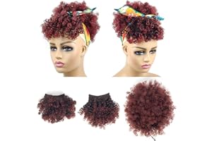 ALLYREETRESS Afro Puff Drawstring Ponytail with Bangs Pineapple Updo Hair for Black Women,Short Kinky Curly Ponytail Bun with 2 Bangs(#1B/BUG)